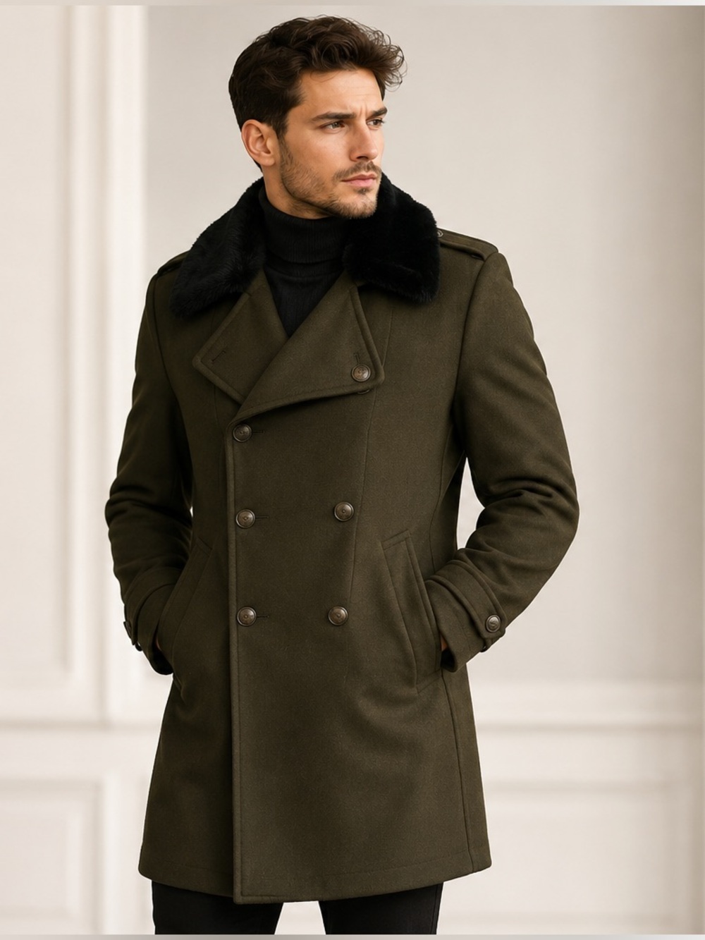 Zara Olive Double-Breasted Coat with Black Faux Fur Collar